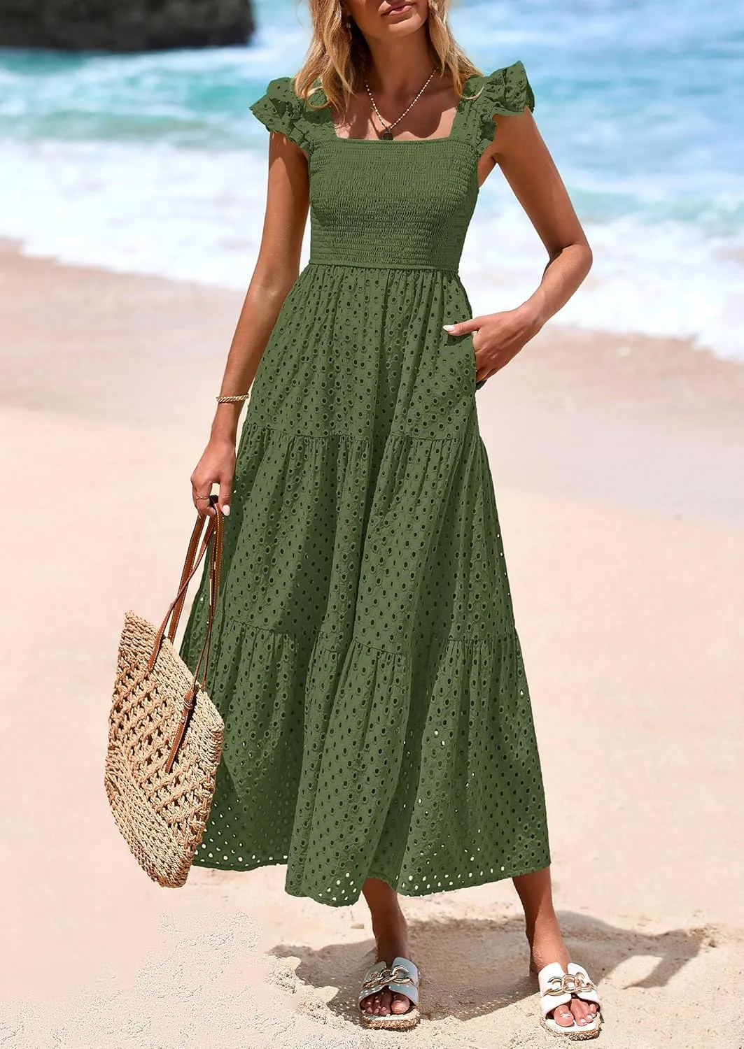 PRETTYGARDEN Womens Summer Square Neck Maxi Dresses Cap Sleeve Eyelet Smocked Tiered A Line Flowy Long Dress with Pockets