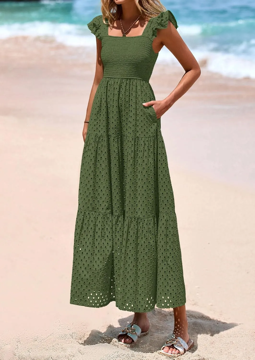 PRETTYGARDEN Womens Summer Square Neck Maxi Dresses Cap Sleeve Eyelet Smocked Tiered A Line Flowy Long Dress with Pockets