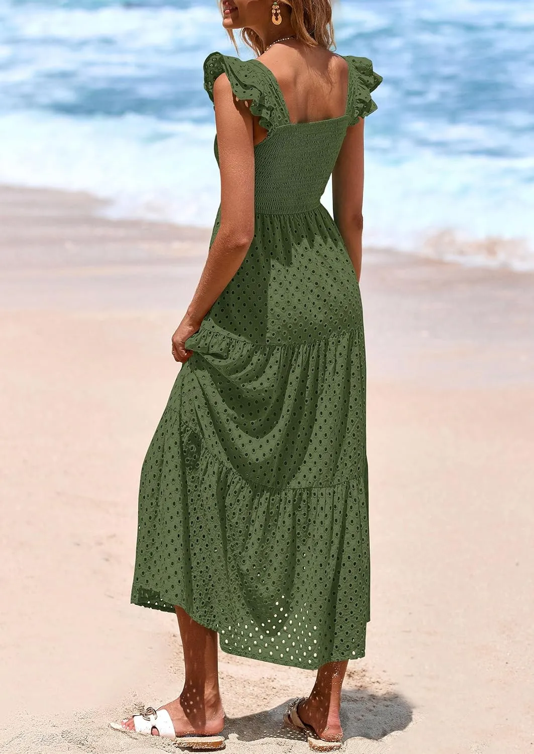 PRETTYGARDEN Womens Summer Square Neck Maxi Dresses Cap Sleeve Eyelet Smocked Tiered A Line Flowy Long Dress with Pockets