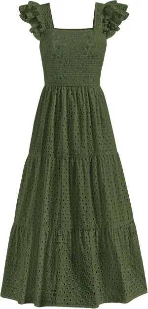 PRETTYGARDEN Womens Summer Square Neck Maxi Dresses Cap Sleeve Eyelet Smocked Tiered A Line Flowy Long Dress with Pockets