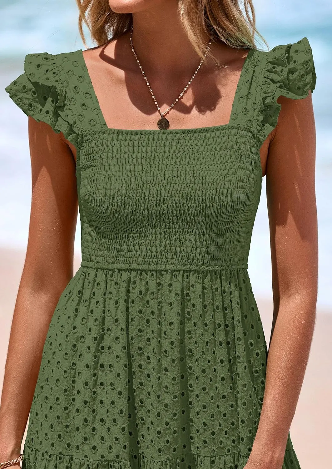 PRETTYGARDEN Womens Summer Square Neck Maxi Dresses Cap Sleeve Eyelet Smocked Tiered A Line Flowy Long Dress with Pockets