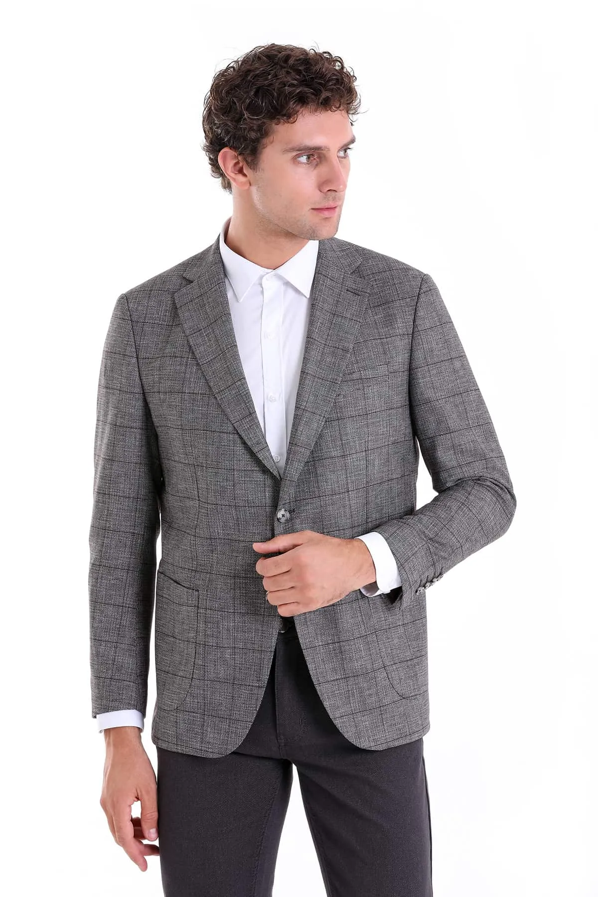Slim Fit Notch Lapel Checked Linen Burgundy Classic Blazer, Brown K.