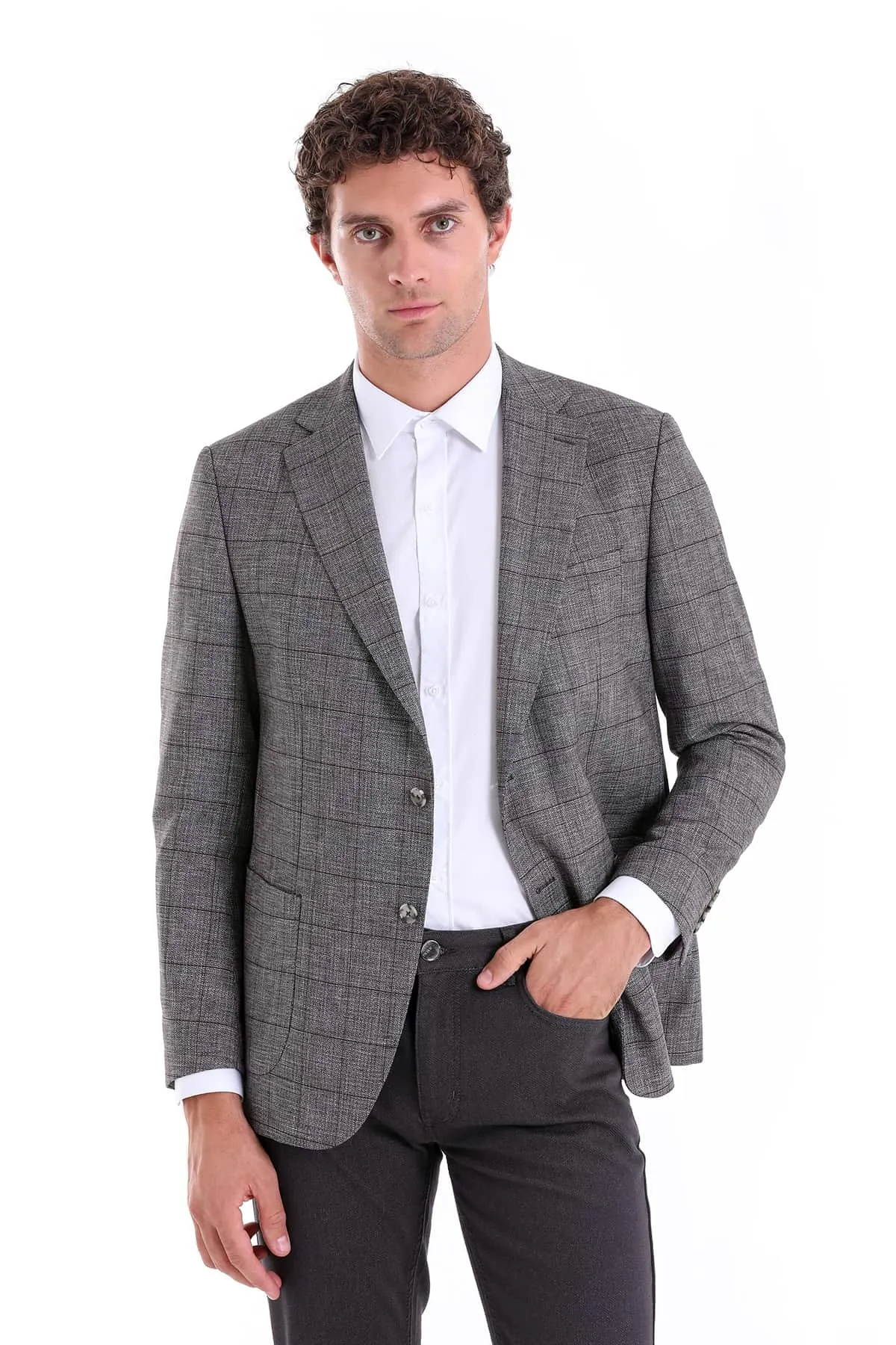 Slim Fit Notch Lapel Checked Linen Burgundy Classic Blazer, Brown K.