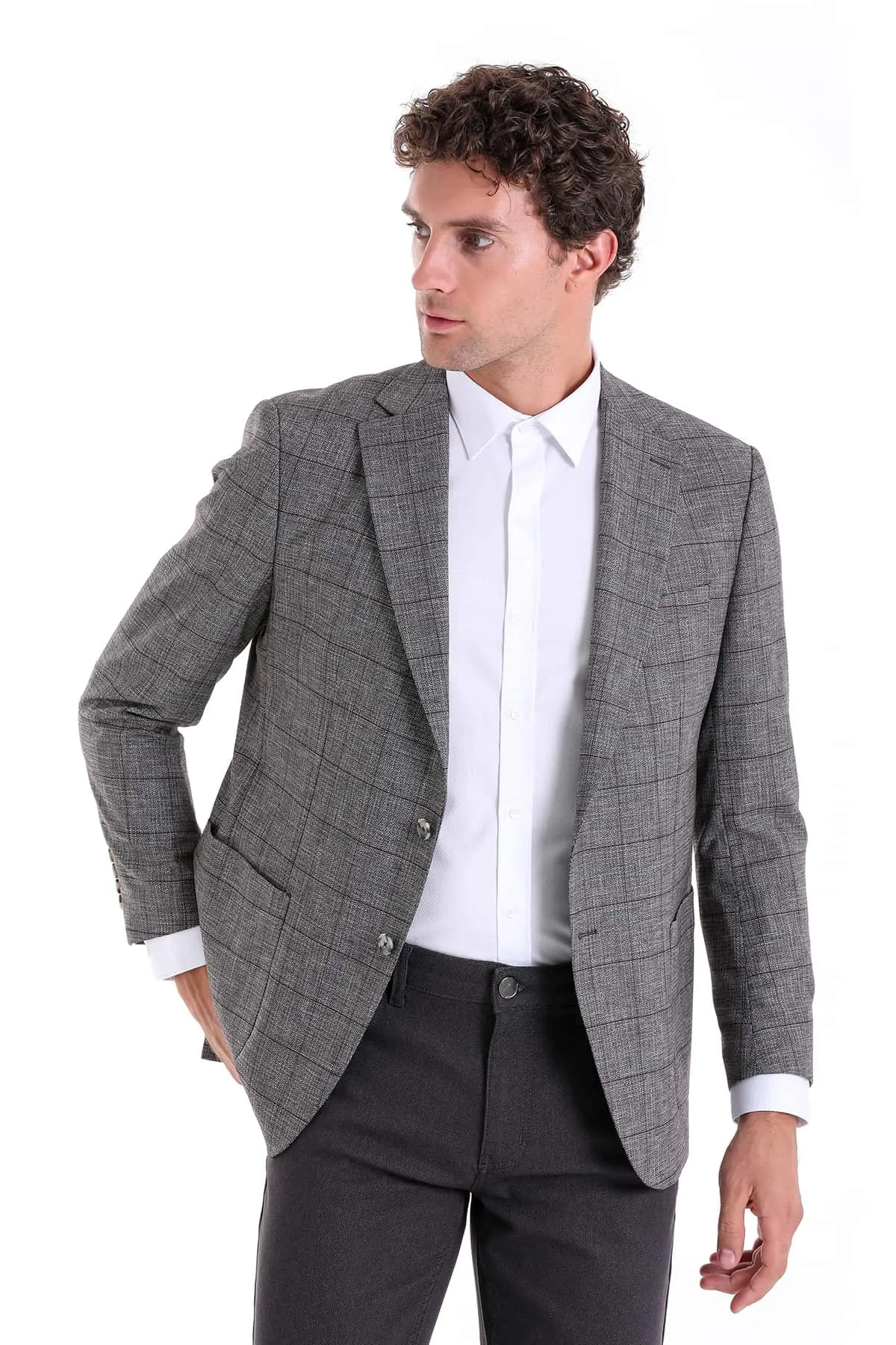 Slim Fit Notch Lapel Checked Linen Burgundy Classic Blazer, Brown K.