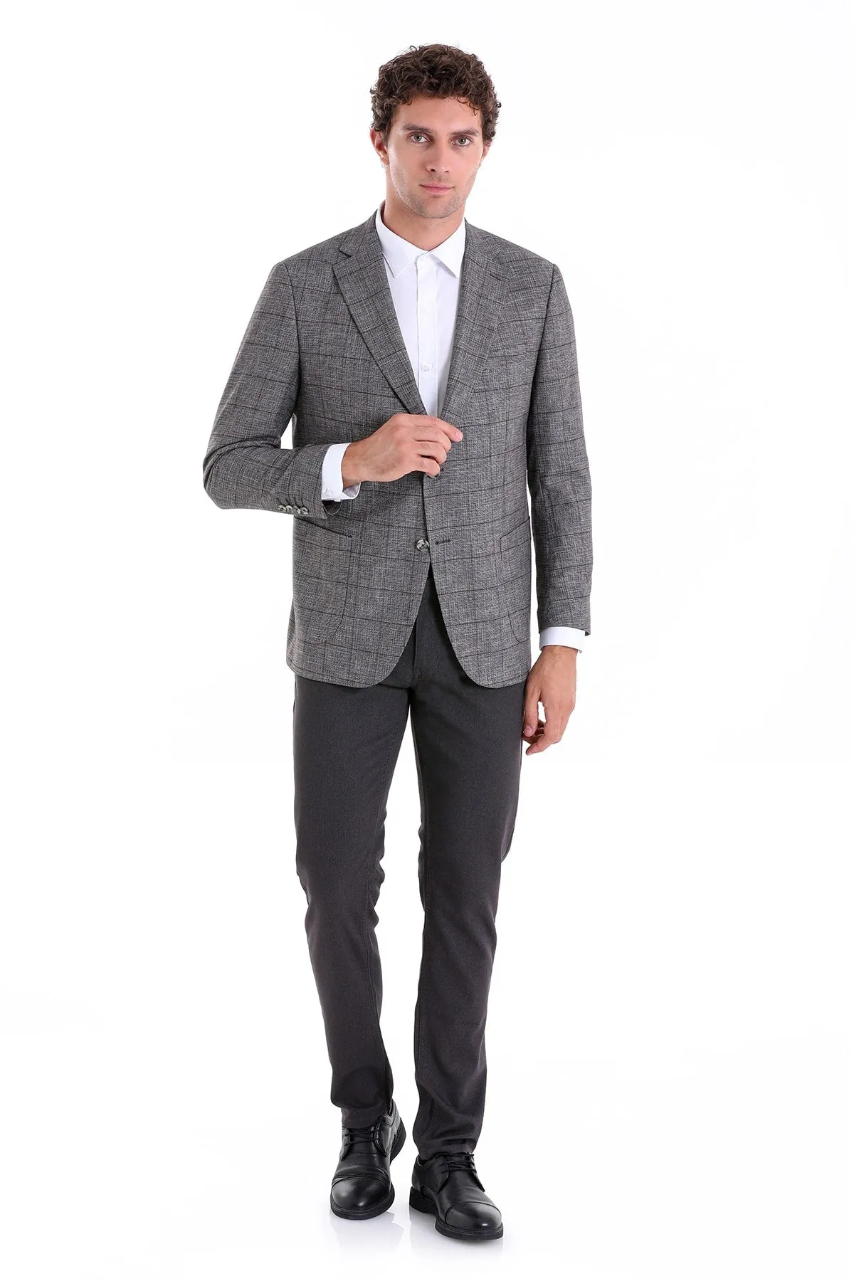Slim Fit Notch Lapel Checked Linen Burgundy Classic Blazer, Brown K.