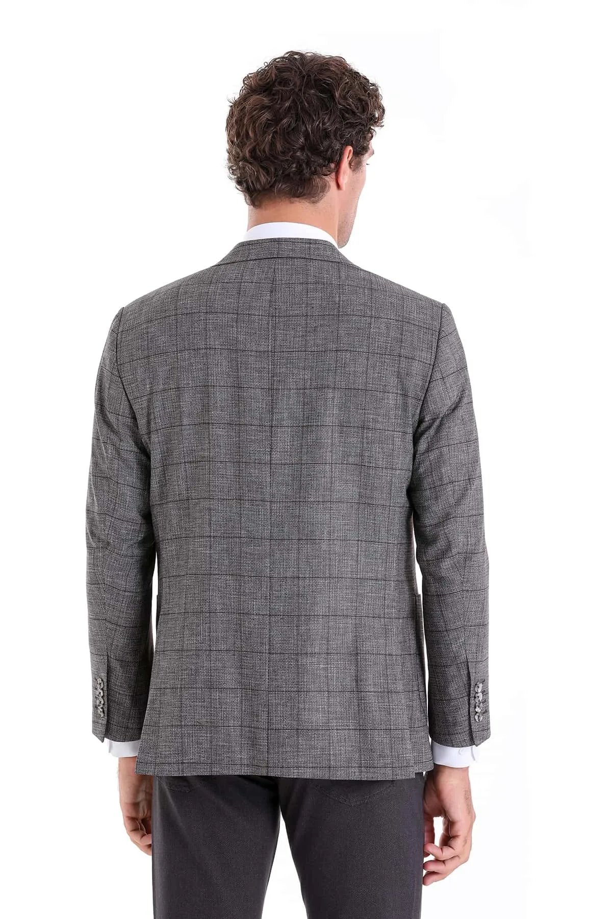 Slim Fit Notch Lapel Checked Linen Burgundy Classic Blazer, Brown K.