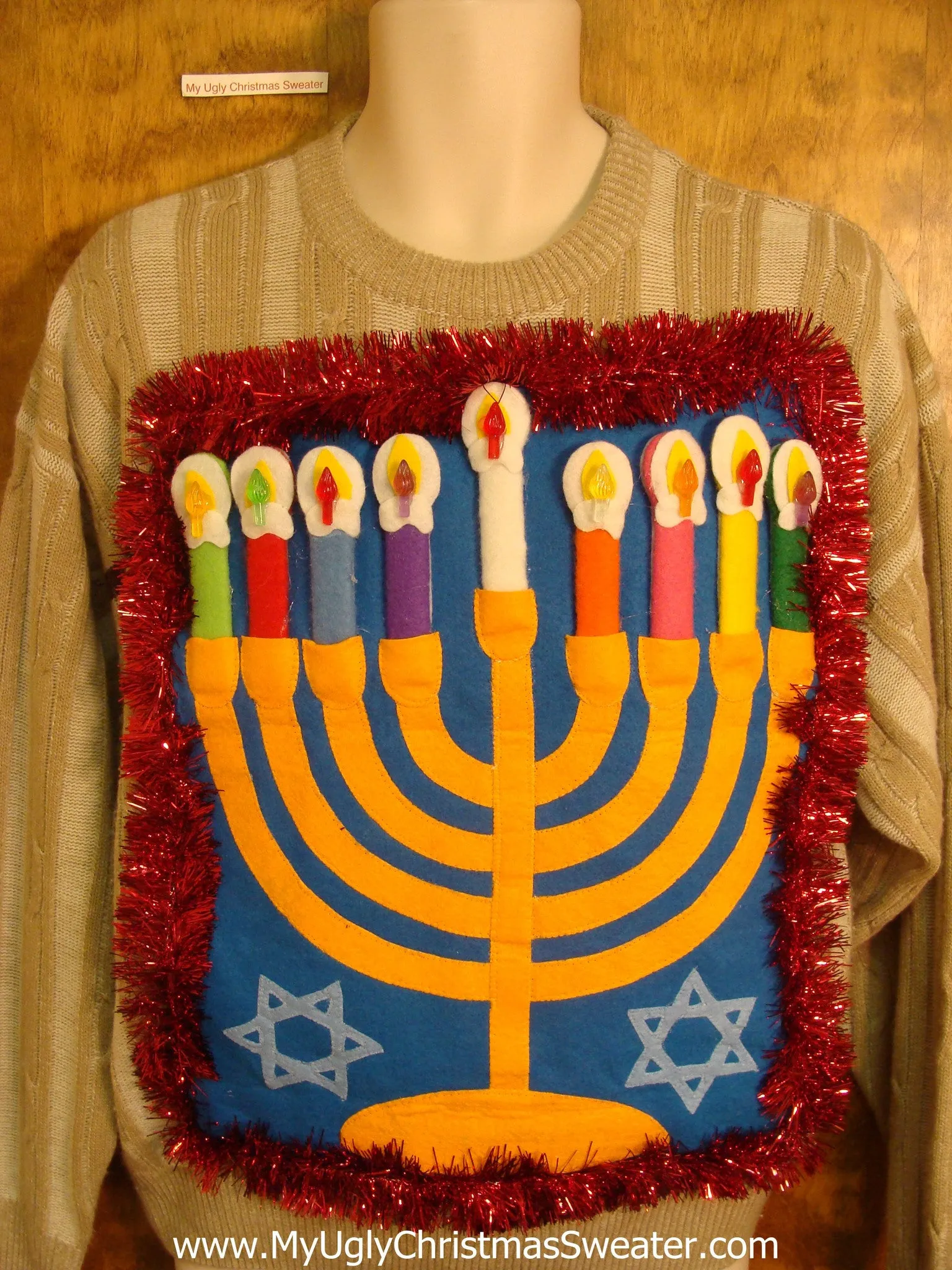 Striped Tacky Hanukkah Sweater with Menorah