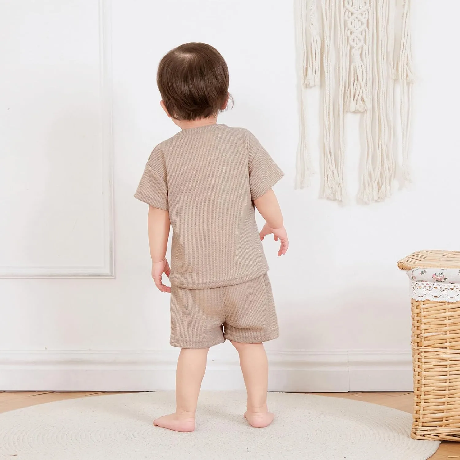 Toddler Baby Boy Summer Outfit Lion Embroidered Short Sleeve T-Shirt Tops Pockets Shorts Waffle Knit Clothes Set