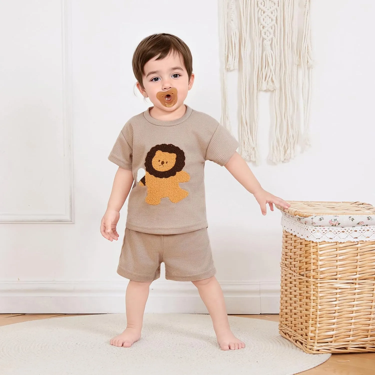 Toddler Baby Boy Summer Outfit Lion Embroidered Short Sleeve T-Shirt Tops Pockets Shorts Waffle Knit Clothes Set
