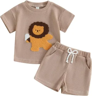 Toddler Baby Boy Summer Outfit Lion Embroidered Short Sleeve T-Shirt Tops Pockets Shorts Waffle Knit Clothes Set