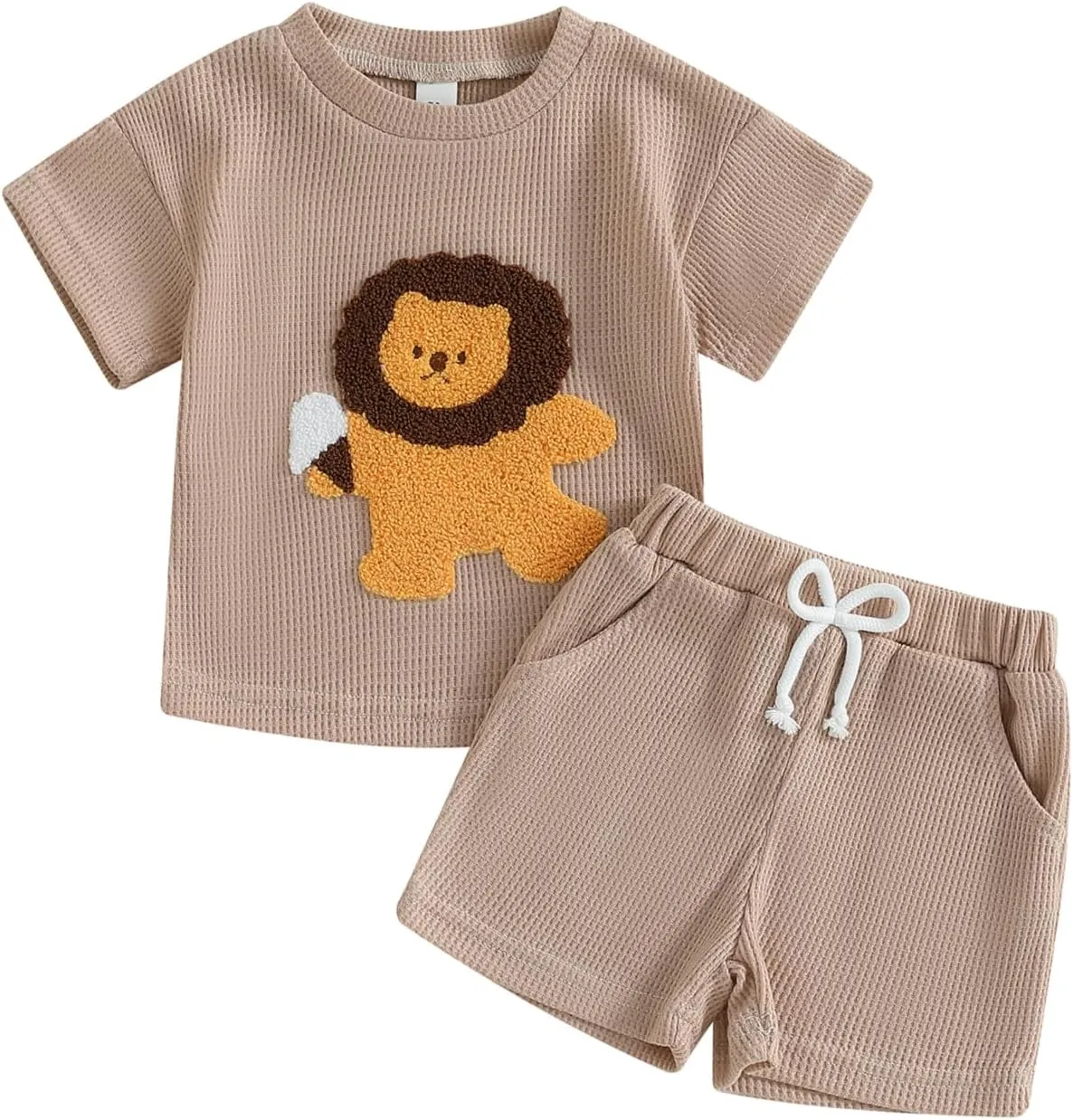 Toddler Baby Boy Summer Outfit Lion Embroidered Short Sleeve T-Shirt Tops Pockets Shorts Waffle Knit Clothes Set