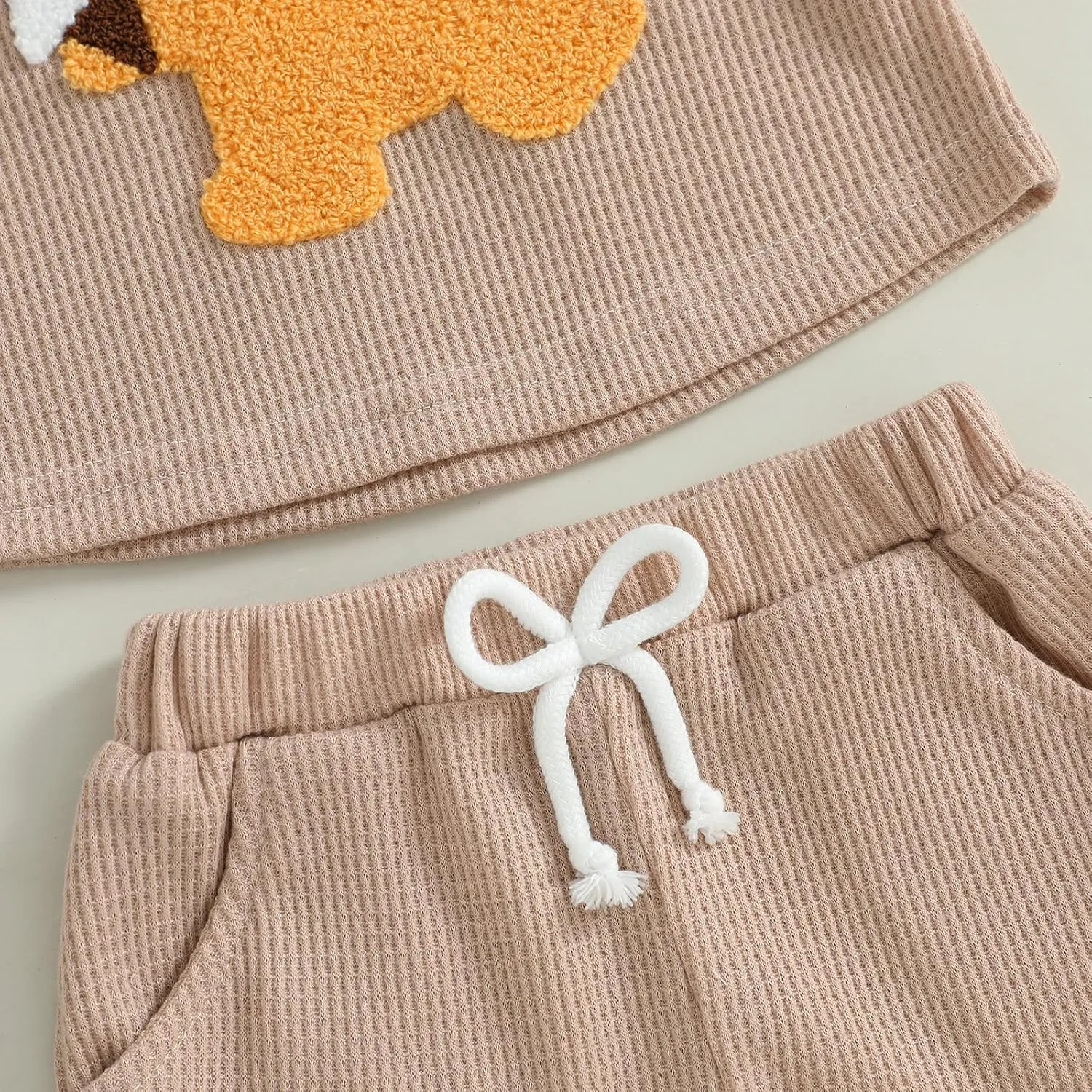 Toddler Baby Boy Summer Outfit Lion Embroidered Short Sleeve T-Shirt Tops Pockets Shorts Waffle Knit Clothes Set