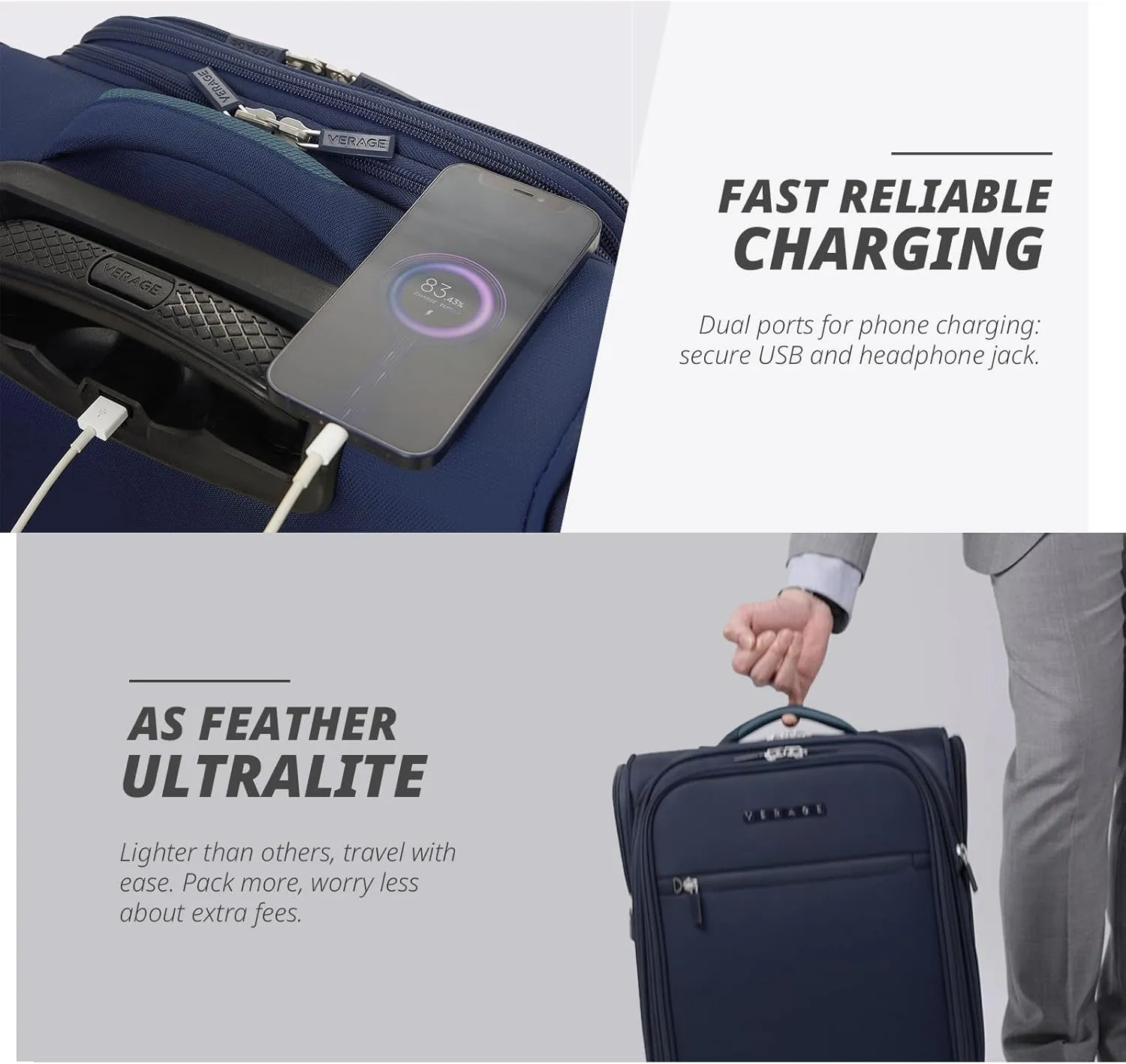 Verage Under Seat Luggage with Wheels, Softside Small Suitcase Spinner Carry On Luggage Bags for Airlines Airplanes Short Trip Men Women (Navy, 14.5-Inch Plus Underseat)