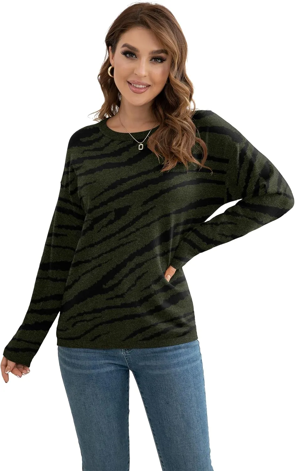 VIISHOW Women's Pullover Sweaters Long Sleeve Print Knitted Crew Neck Sweater Tops a Little Run Big