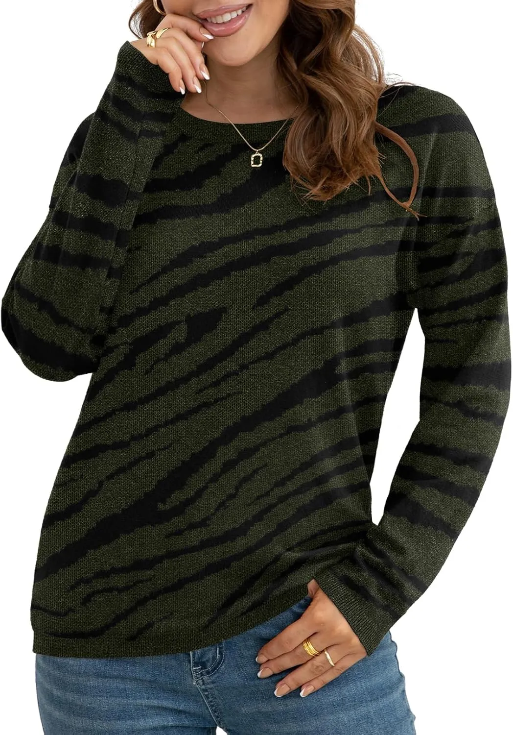 VIISHOW Women's Pullover Sweaters Long Sleeve Print Knitted Crew Neck Sweater Tops a Little Run Big