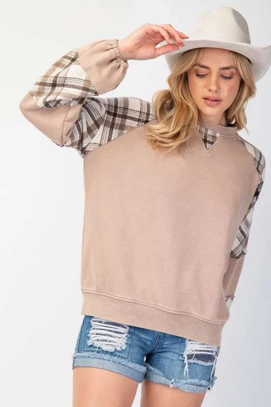 Washed Plaid Mix Pullover