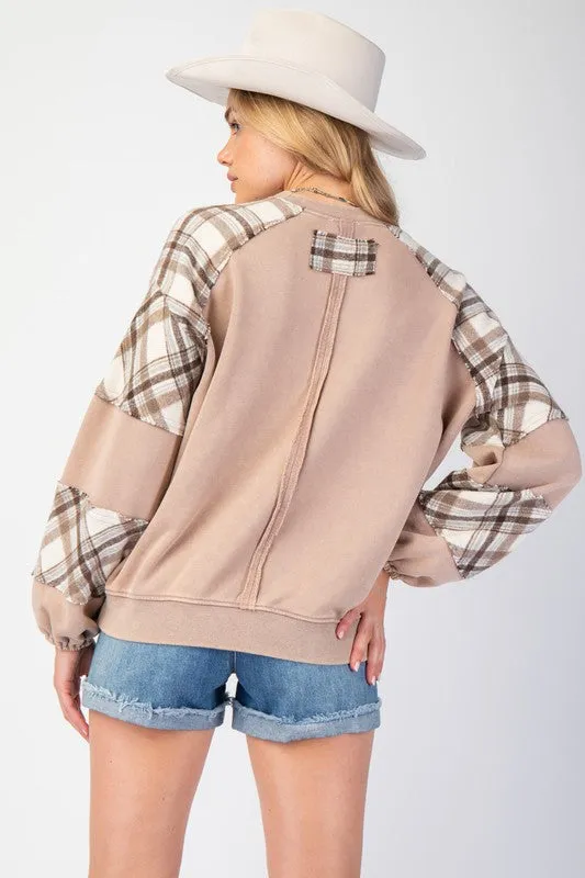 Washed Plaid Mix Pullover