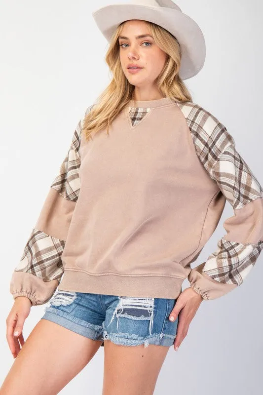 Washed Plaid Mix Pullover