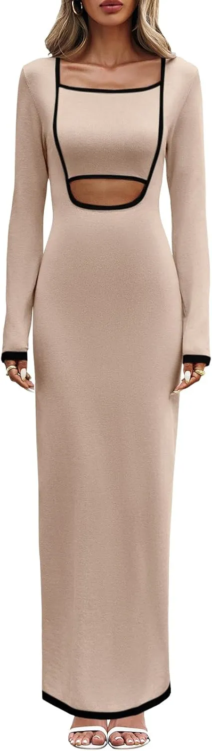 Wenrine Womens Cut Out Knit Maxi Dress Fall Long Sleeve Casual Bodycon Sweater Dresses