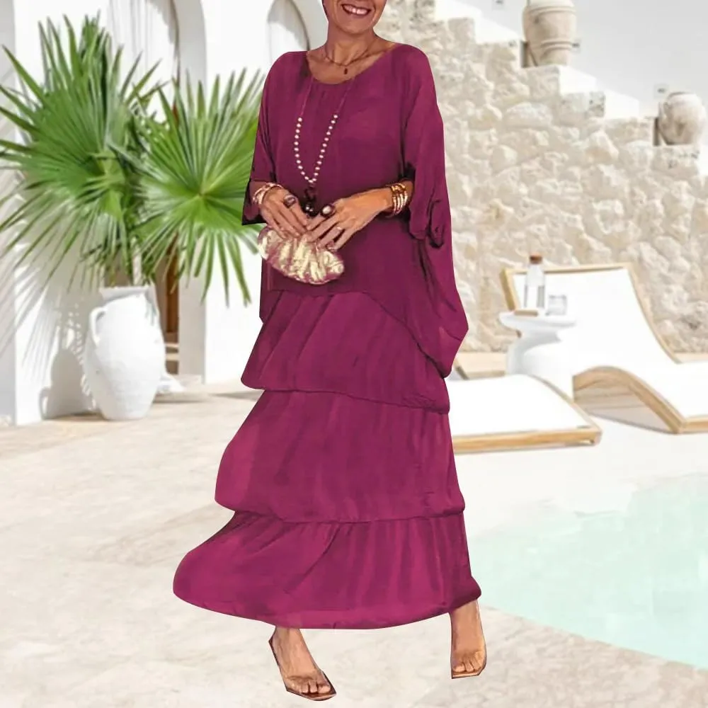 Women 2 Piece Chiffon Dress Set Crew Neck Batwing Sleeve Blouse Layered Cake Boho Floral Skirt Wedding Guest Dresses