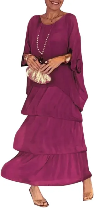 Women 2 Piece Chiffon Dress Set Crew Neck Batwing Sleeve Blouse Layered Cake Boho Floral Skirt Wedding Guest Dresses