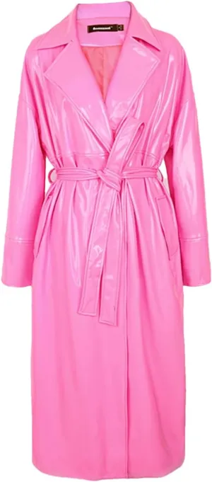 Women Sashes Designer Clothes Long Oversized Bright Green Pink Patent Leather Trench Coat