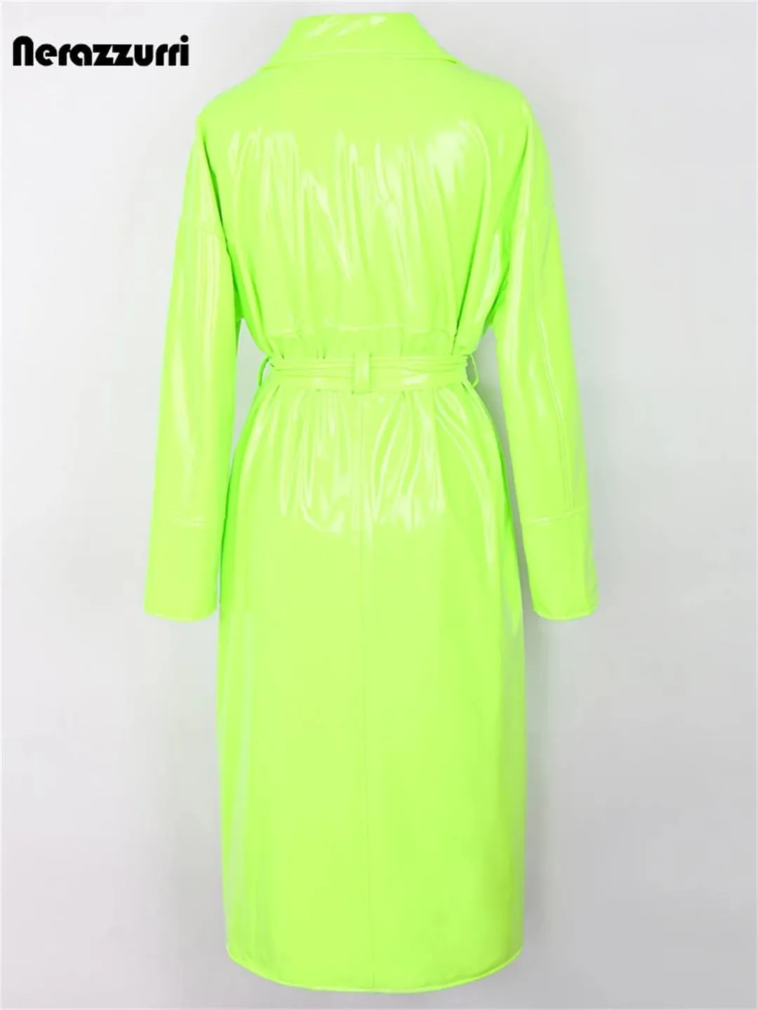 Women Sashes Designer Clothes Long Oversized Bright Green Pink Patent Leather Trench Coat