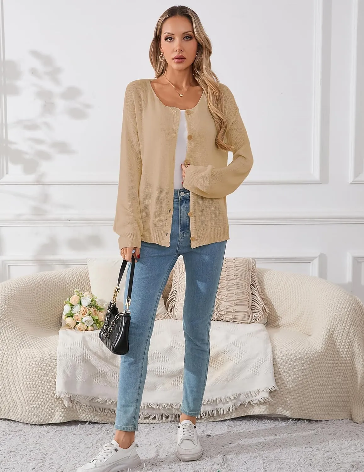 Womens Oversized Lightweight Sheer Button Cardigan Spring 2025 Trendy Solid Ribbed Knit Long Sleeve Thin Sweater