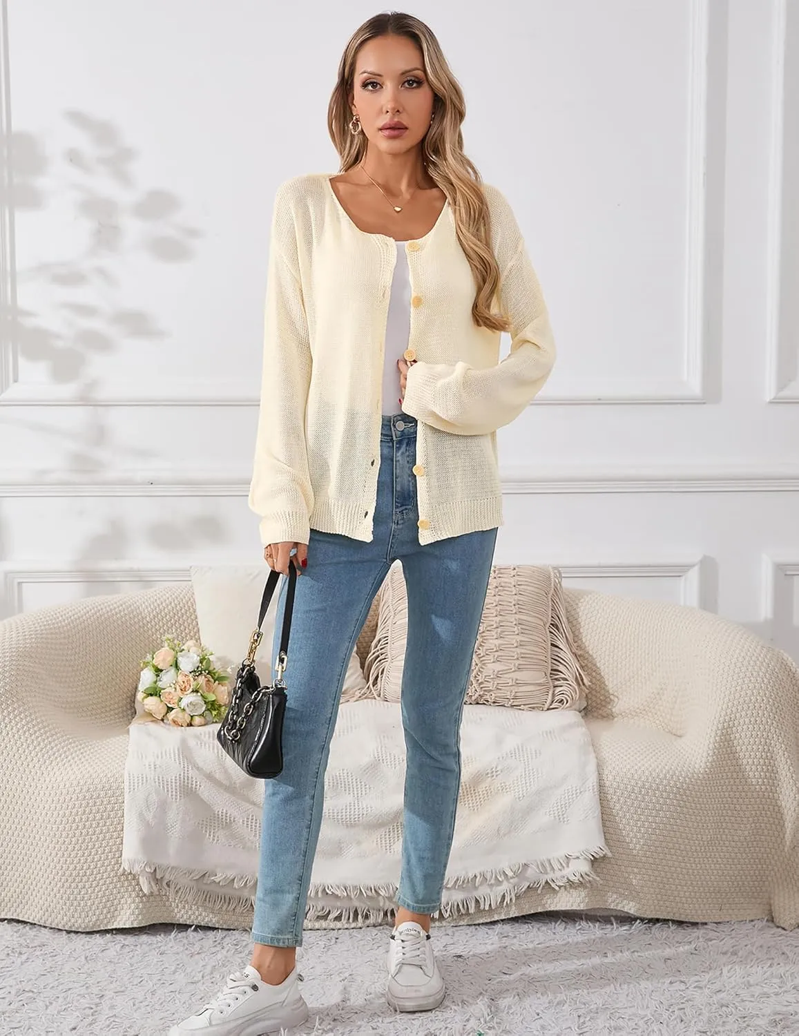 Womens Oversized Lightweight Sheer Button Cardigan Spring 2025 Trendy Solid Ribbed Knit Long Sleeve Thin Sweater
