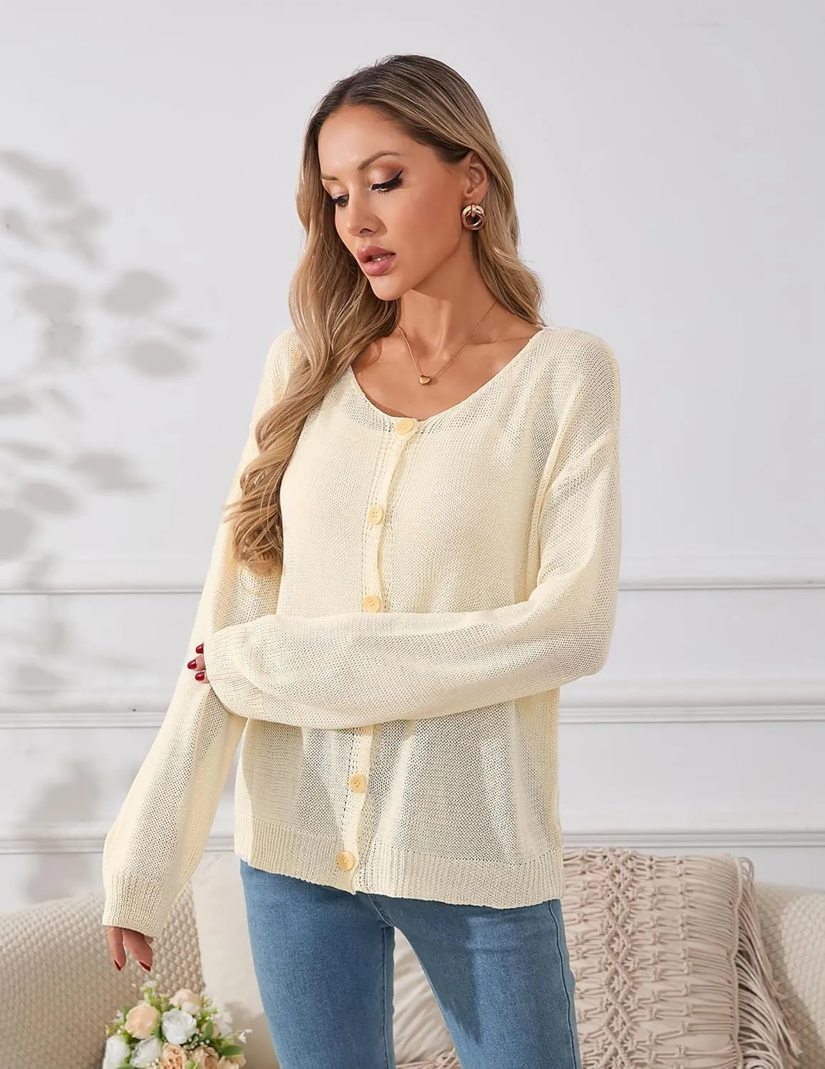 Womens Oversized Lightweight Sheer Button Cardigan Spring 2025 Trendy Solid Ribbed Knit Long Sleeve Thin Sweater