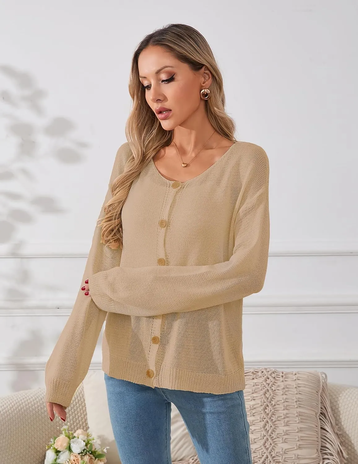 Womens Oversized Lightweight Sheer Button Cardigan Spring 2025 Trendy Solid Ribbed Knit Long Sleeve Thin Sweater
