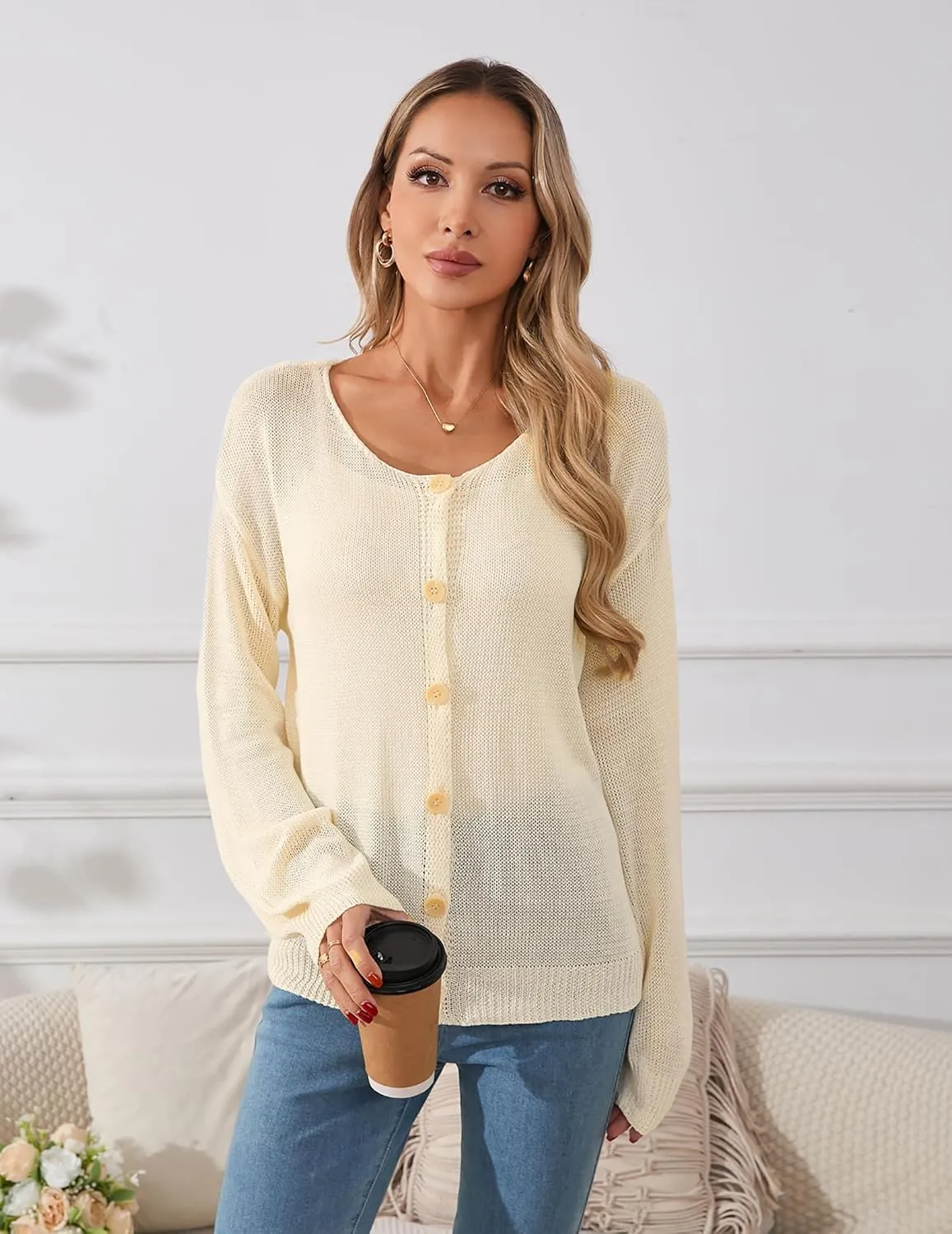 Womens Oversized Lightweight Sheer Button Cardigan Spring 2025 Trendy Solid Ribbed Knit Long Sleeve Thin Sweater