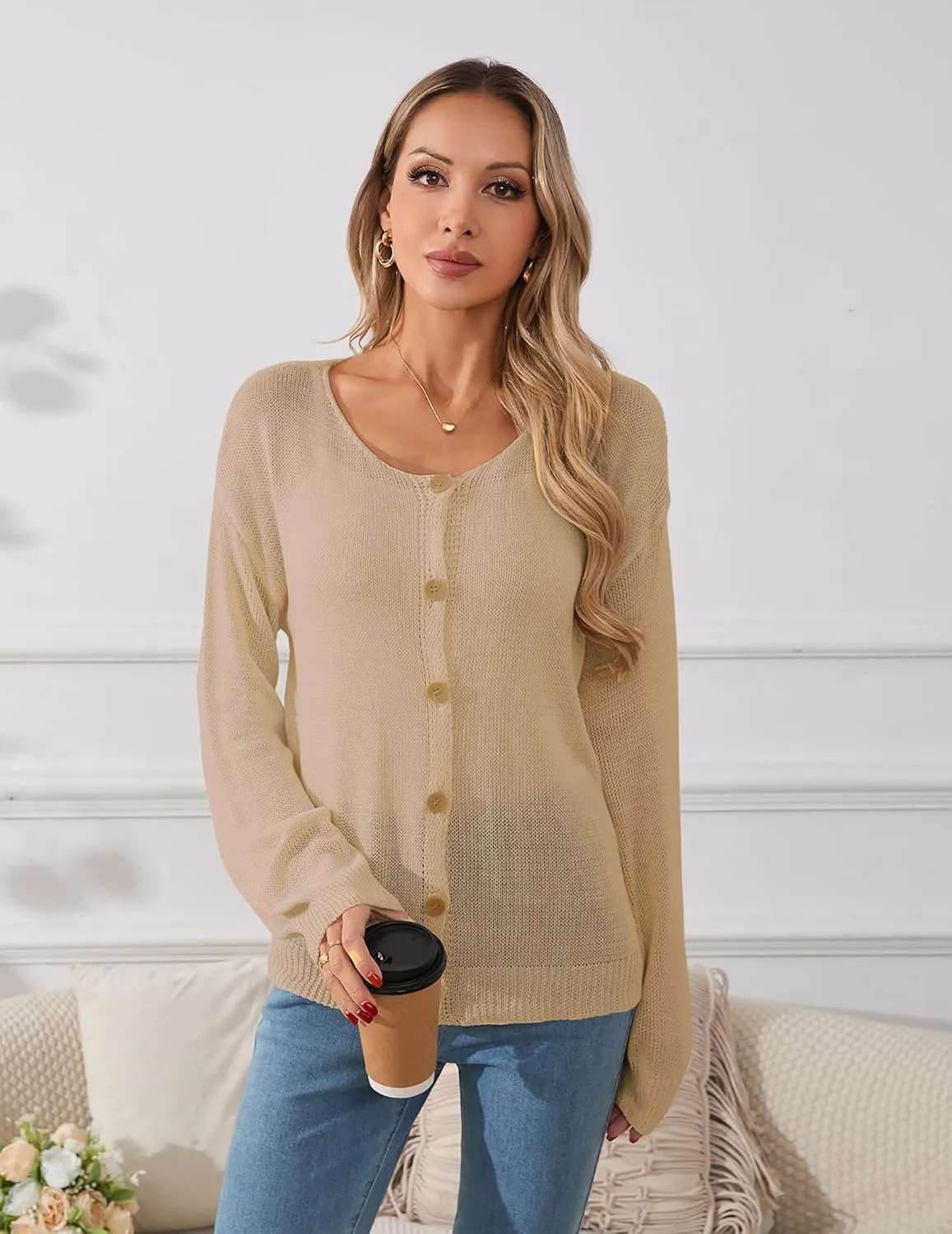 Womens Oversized Lightweight Sheer Button Cardigan Spring 2025 Trendy Solid Ribbed Knit Long Sleeve Thin Sweater