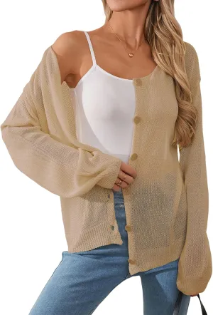 Womens Oversized Lightweight Sheer Button Cardigan Spring 2025 Trendy Solid Ribbed Knit Long Sleeve Thin Sweater