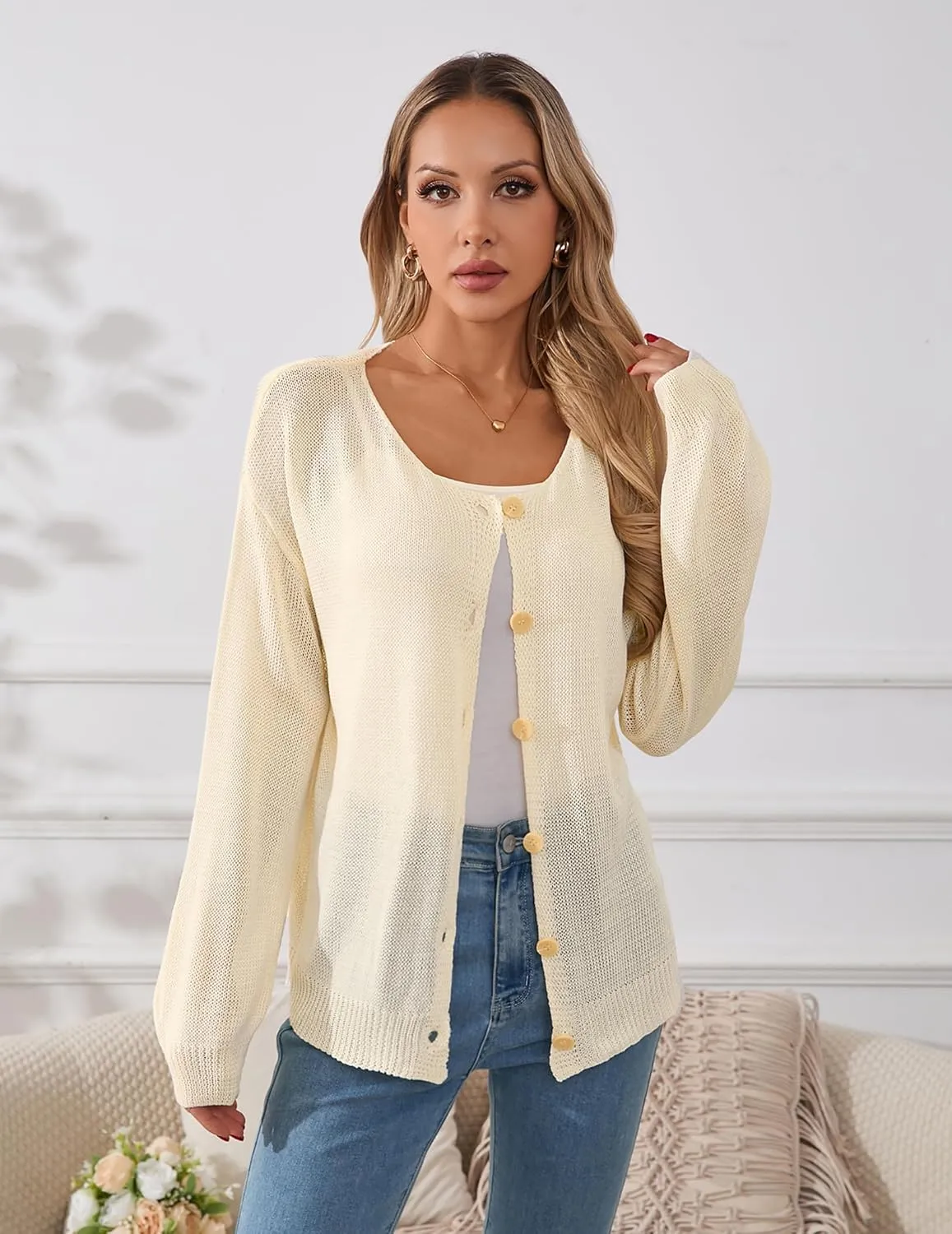 Womens Oversized Lightweight Sheer Button Cardigan Spring 2025 Trendy Solid Ribbed Knit Long Sleeve Thin Sweater