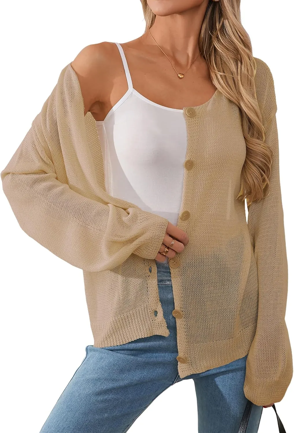 Womens Oversized Lightweight Sheer Button Cardigan Spring 2025 Trendy Solid Ribbed Knit Long Sleeve Thin Sweater
