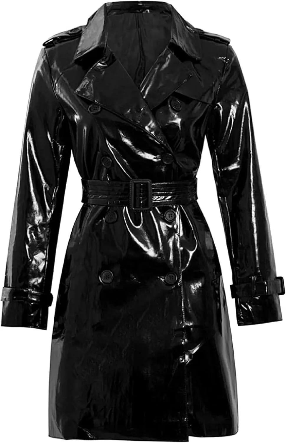 Womens PVC Wet look Sexy Coat | Trench Vinyl Shiny Outdoor Belted Outerwear