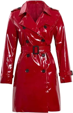 Womens PVC Wet look Sexy Coat | Trench Vinyl Shiny Outdoor Belted Outerwear