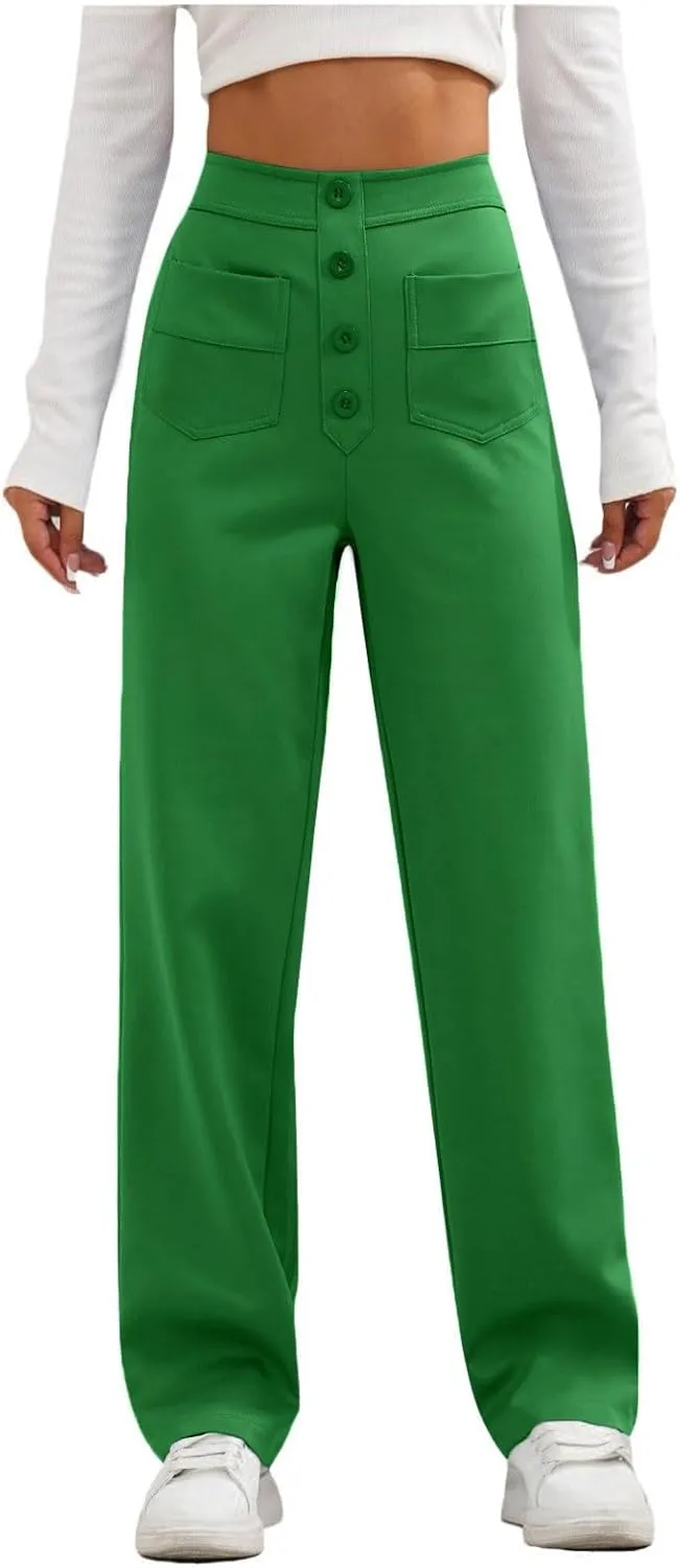 Women's Straight Leg Dress Pants Fahion 2024 High Waisted Button Down Stretchy Business Work Trousers with Pockets