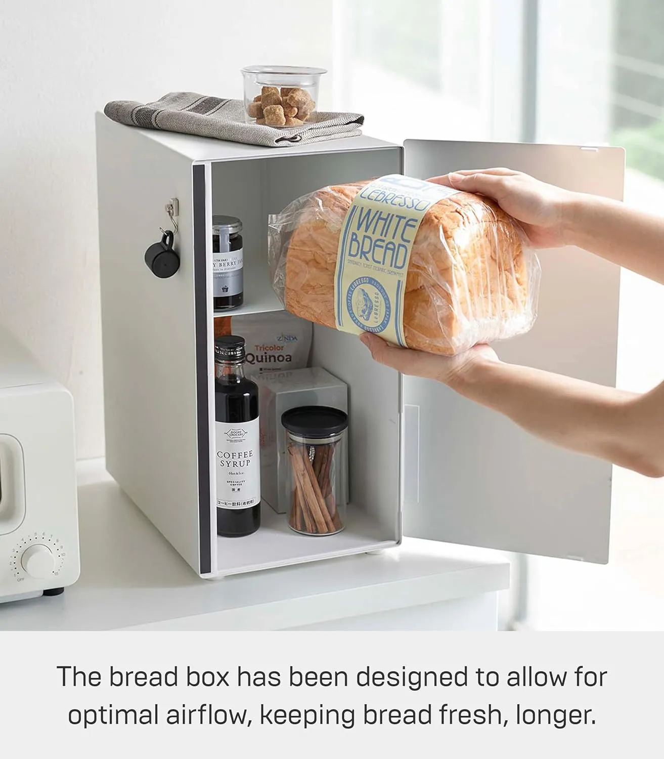 Yamazaki Home Tower Bread Box Keeper Holder Container, Metal Bread Holder Saver, Slim Space Saving Counter Storage - Vertical - Steel