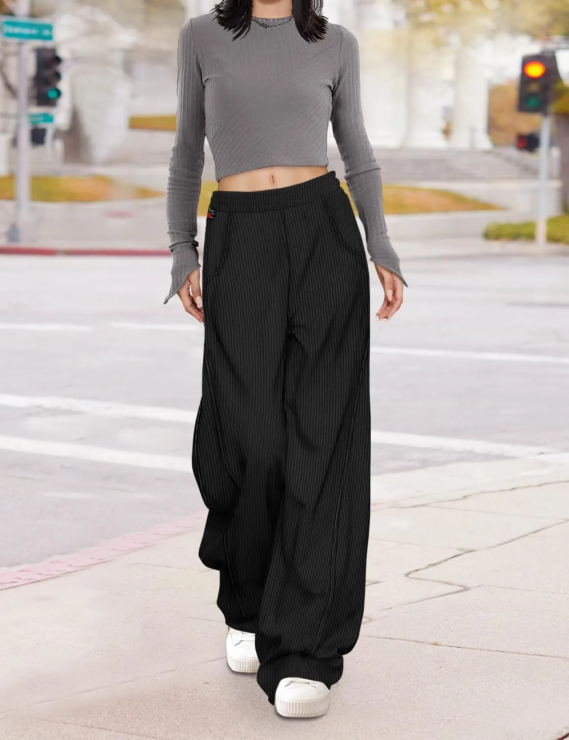 YESNO Women's Corduroy Casual Baggy Pants Elastic Waist Wide Leg Trousers with Pockets PCB