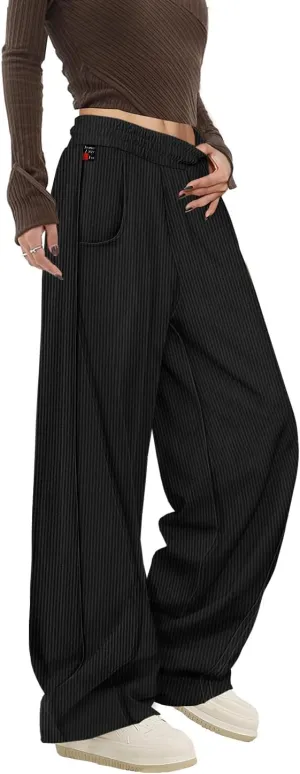 YESNO Women's Corduroy Casual Baggy Pants Elastic Waist Wide Leg Trousers with Pockets PCB