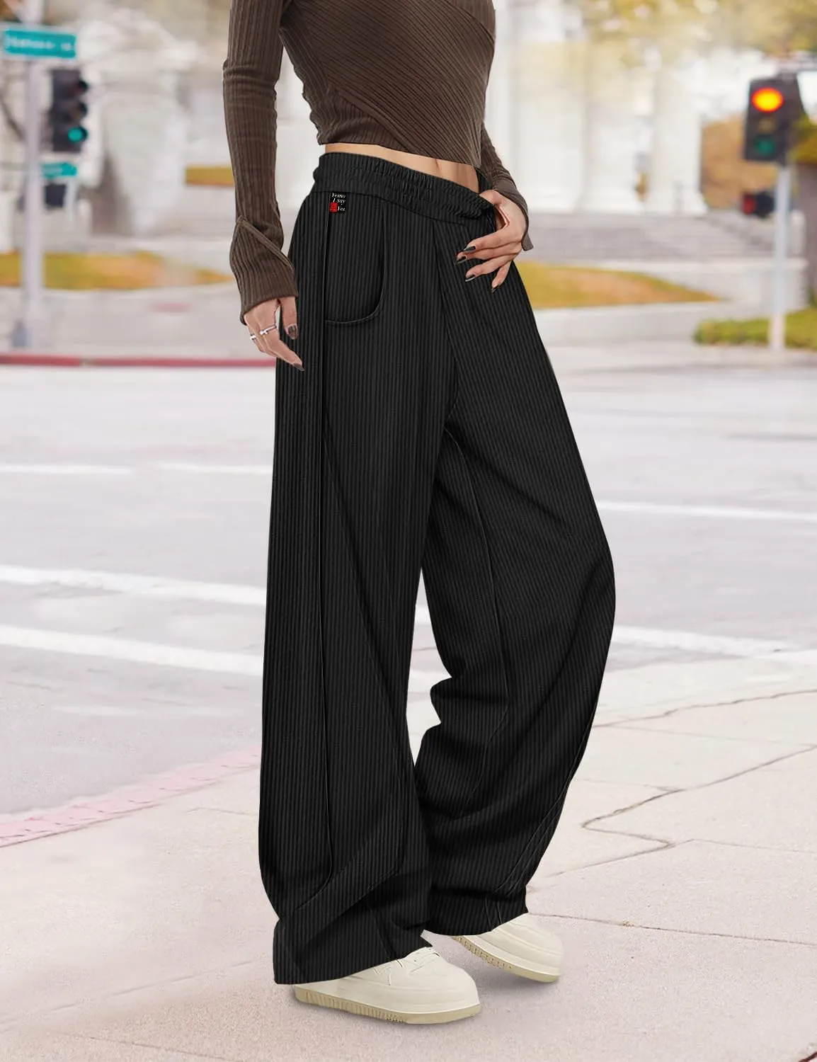 YESNO Women's Corduroy Casual Baggy Pants Elastic Waist Wide Leg Trousers with Pockets PCB