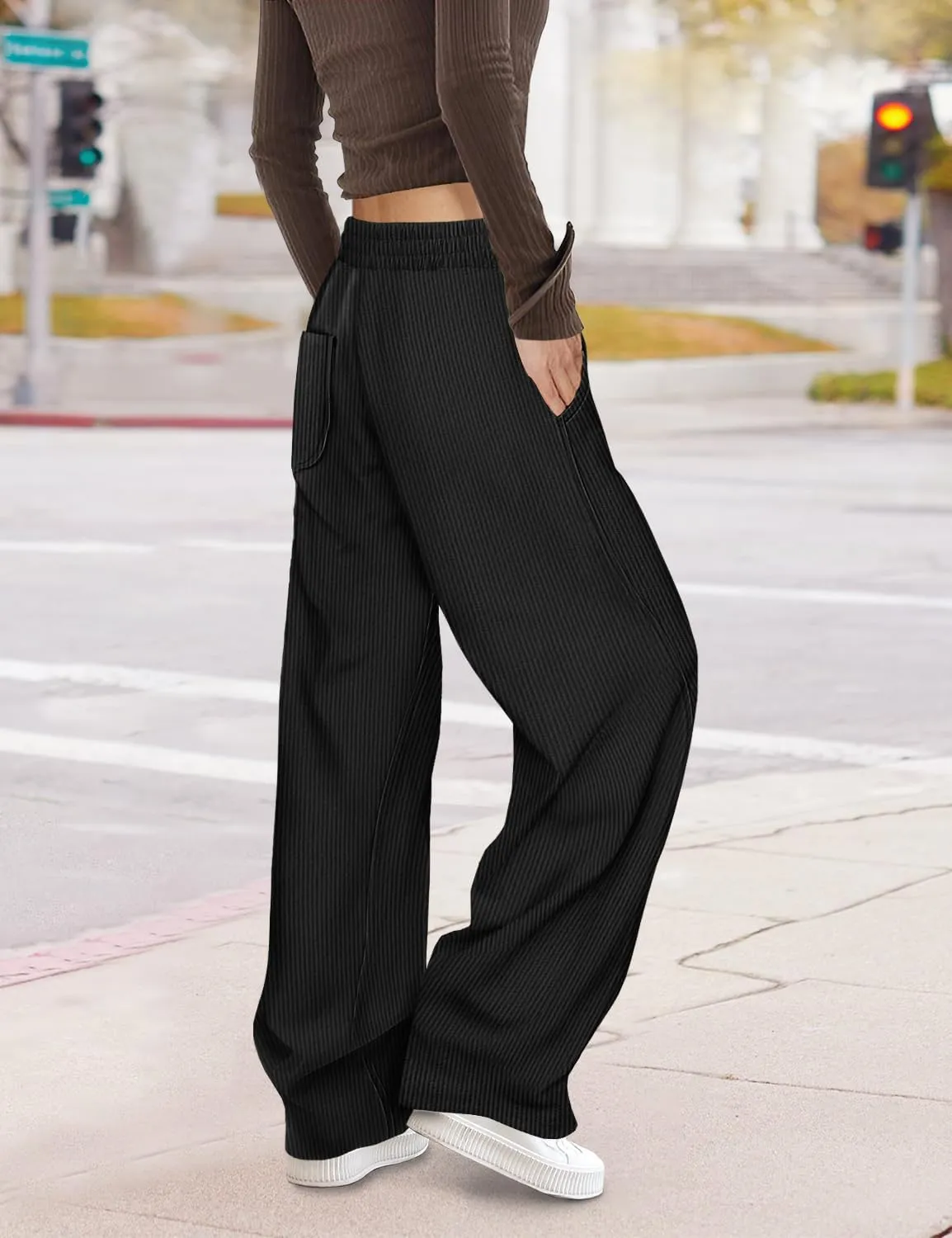 YESNO Women's Corduroy Casual Baggy Pants Elastic Waist Wide Leg Trousers with Pockets PCB