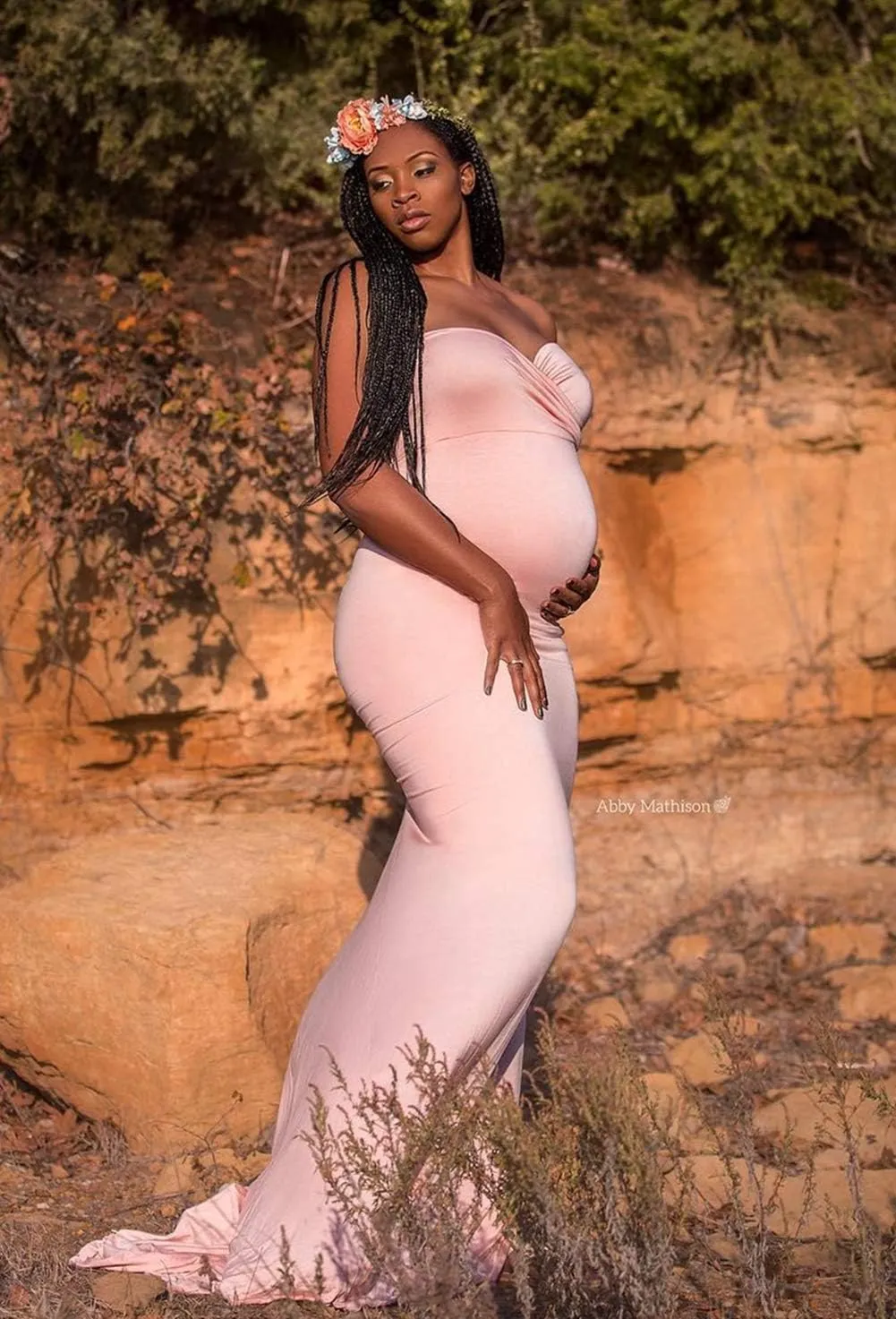 ZIUMUDY Maternity Elegant Fitted Gown Strapless Tube Maxi Photography Baby Shower Dress
