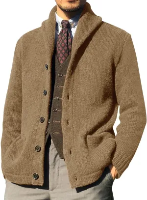 ZWRXW Cardigan Sweater for Mens Button Shawl Collar Cable Knit Top Casual Loose Long Sleeve Chenille Coats with Pockets