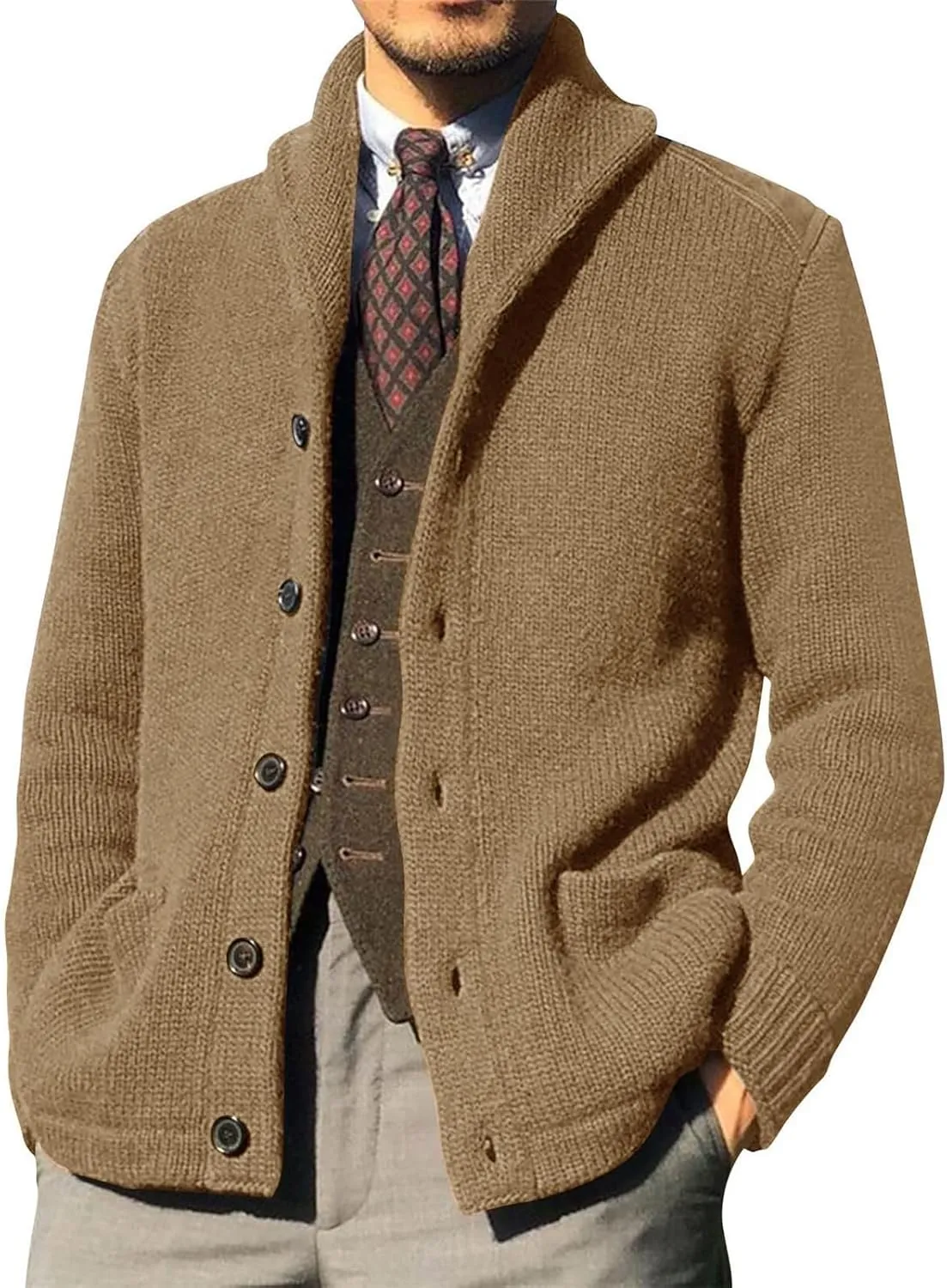 ZWRXW Cardigan Sweater for Mens Button Shawl Collar Cable Knit Top Casual Loose Long Sleeve Chenille Coats with Pockets